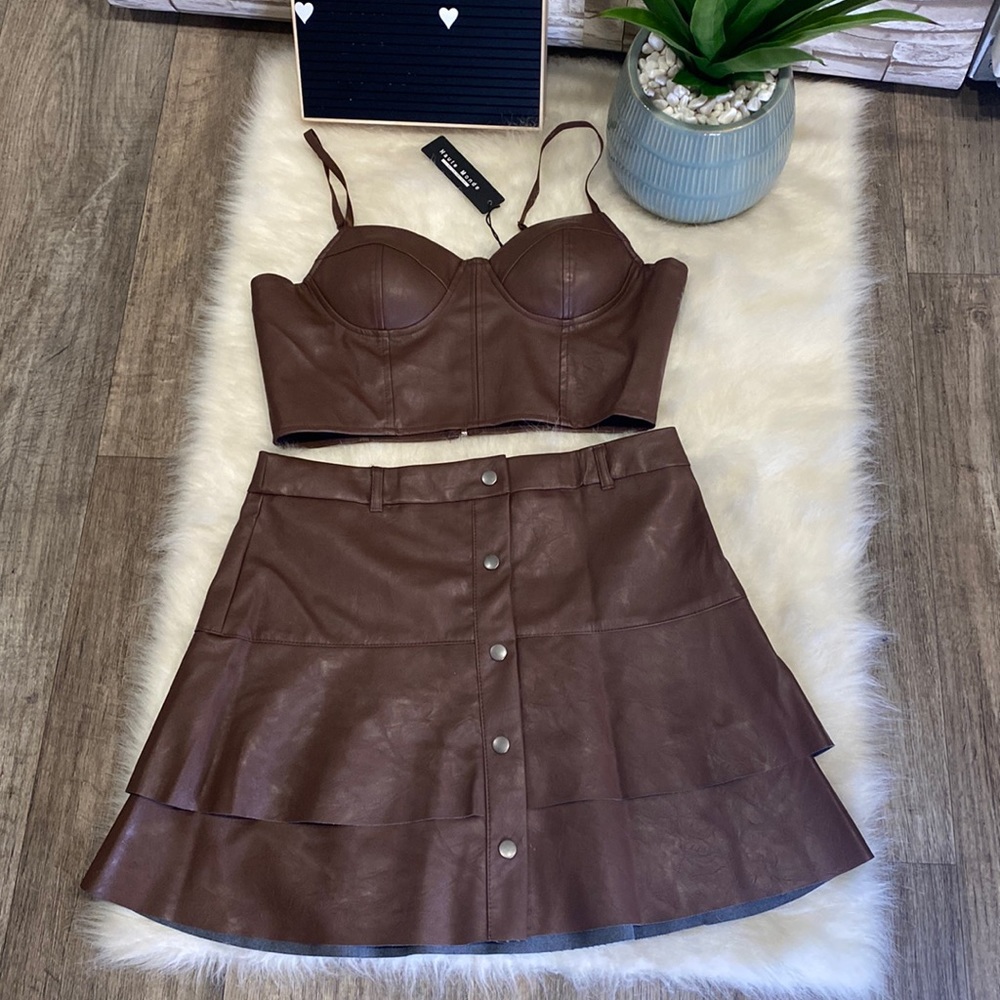 Faux Leather Bustier Crop Top and Skirt Set